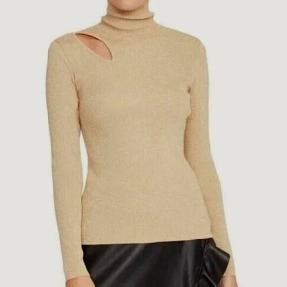 Rachel Roy Cut Out Sweater Fitted Ribbed Gold Metallic S NWT - Picture 2 of 8